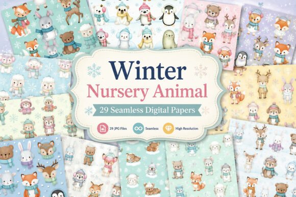 Download Winter Nursery Animal Seamless Patterns - Animal Collection